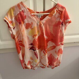 Liz Claiborne Orange Floral V-Neck Petite Top PL Short Sleeve Rayon Blouse​